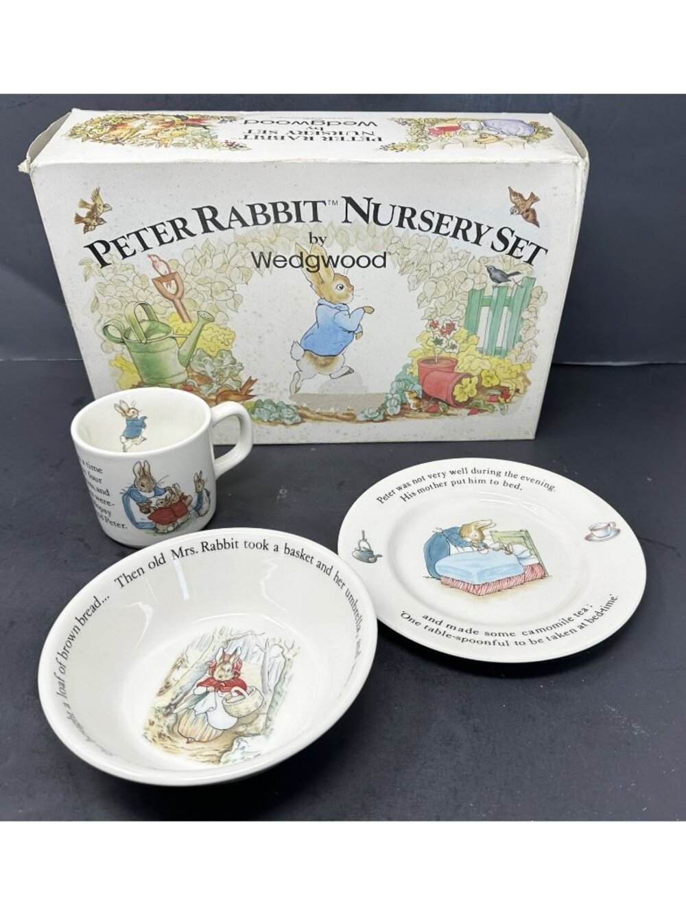 WEDGWOOD PETER RABBIT 3 PC NURSERY SET w/Box Plate Oatmeal Mug Beatrix Potter